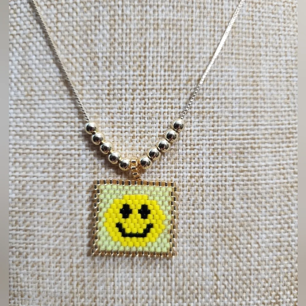 Smiley Face Pendant Necklace Gold Plated Miyuki Style Bead